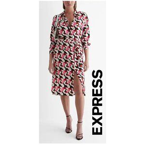 Express Printed Pink Midi Long Sleeve Tie Waist Shirt Dress
